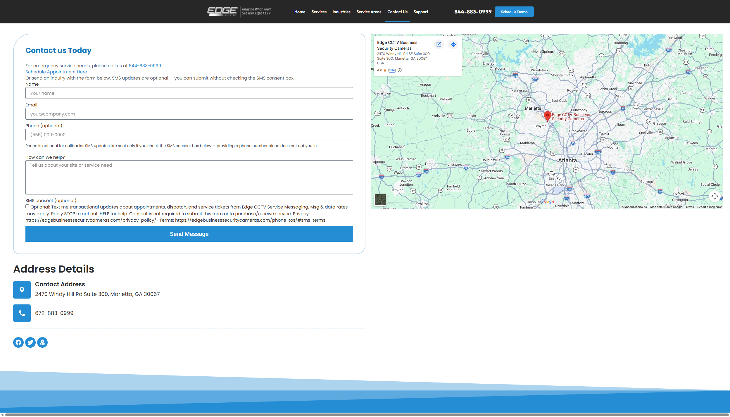 Edge CCTV contact form showing optional unchecked SMS consent checkbox and disclosures